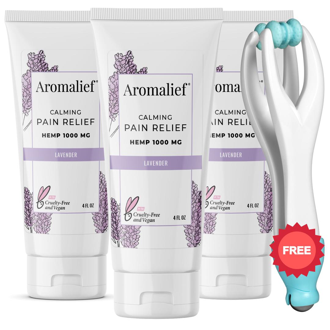 Aromalief lavender pain relief cream for neuropathy and fibromyalgia with finger massager