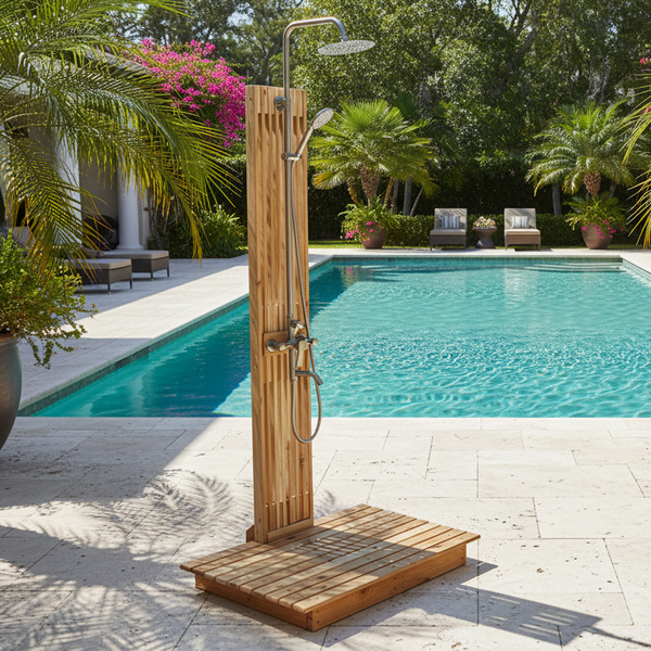 in a pool area with a wood standing shower