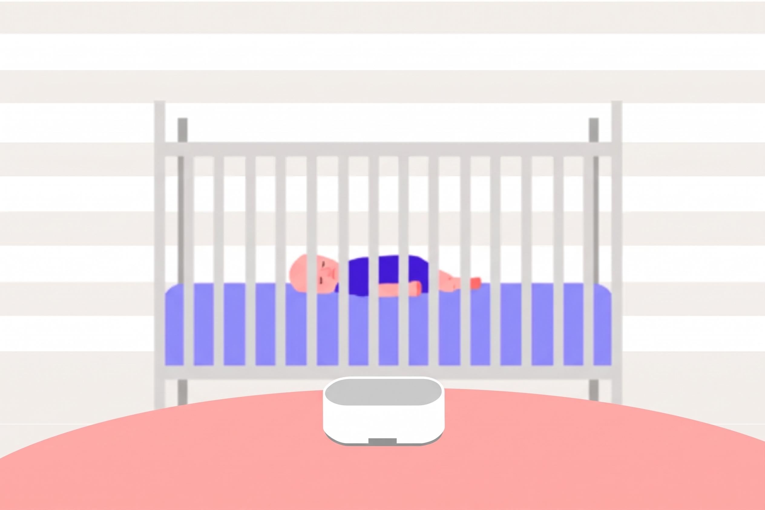 Baby asleep in a crib beside a white noise machine, illustrating when to stop using white noise for baby.