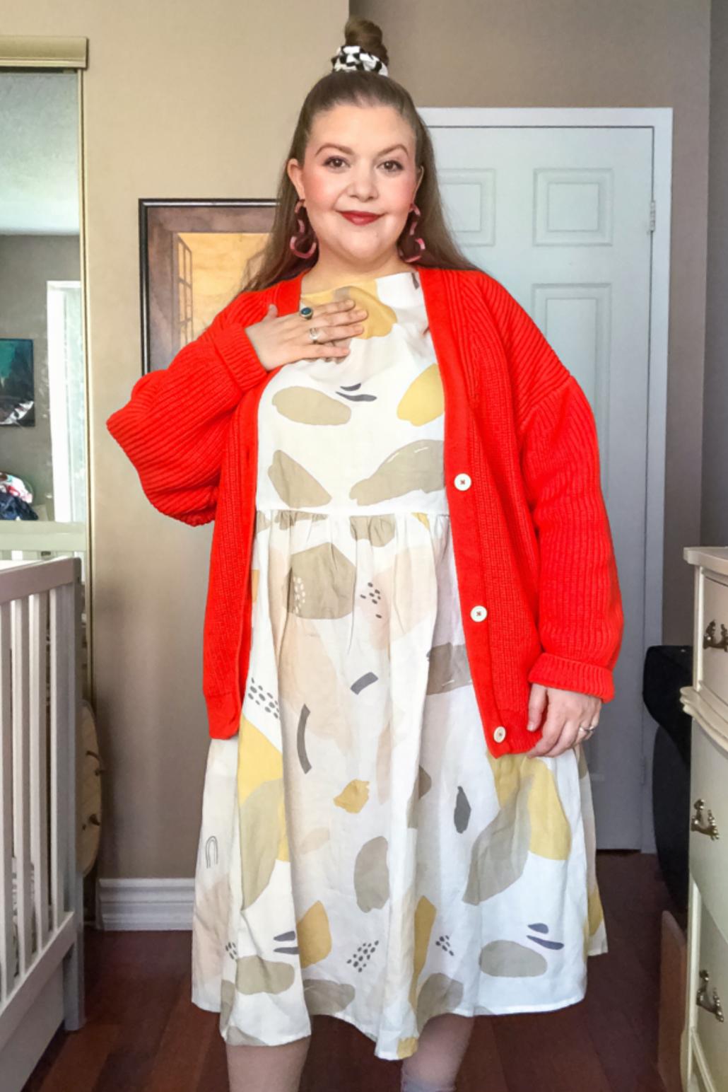 Ambassador Jen | Shelter Cotton Cardigan Flame and Caroline Print Nova Dress