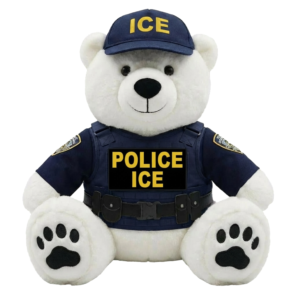 ICE Polar Bear collectible wearing a police uniform with a cap, featuring "ICE" and "POLICE ICE" text.