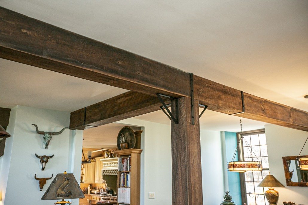 barnwood wrapped beams Santa Fe dining room
