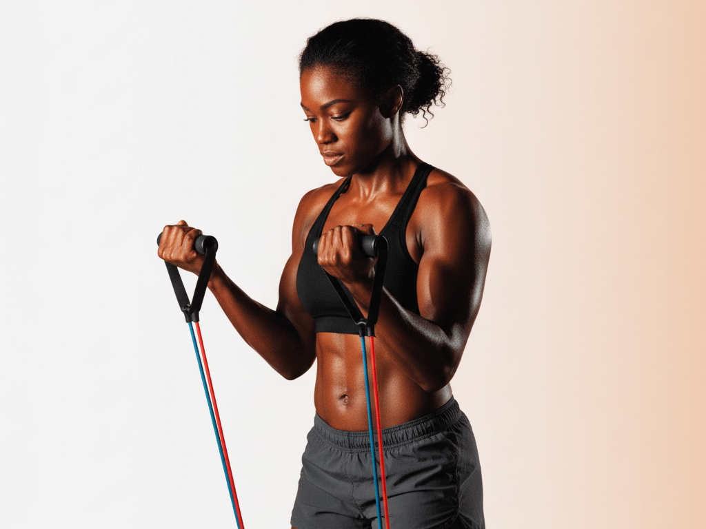 Woman using exercise band handles with xbar resistance bands