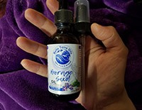 Close-up of a hand holding a bottle of Bella Terra Oils Borage Seed Oil, with a clear view of the label, against a luxurious purple fabric background