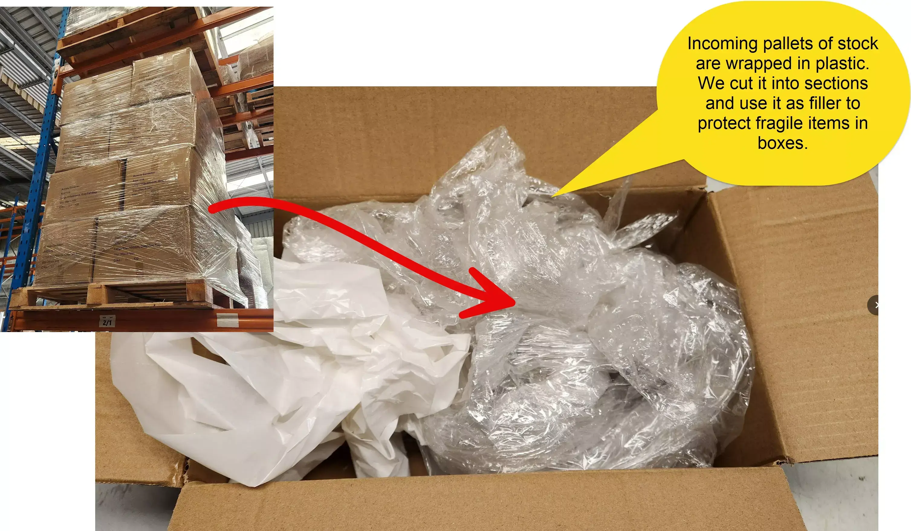 Reused plastic wrap from pallets used as protective packing material in warehouse boxes.