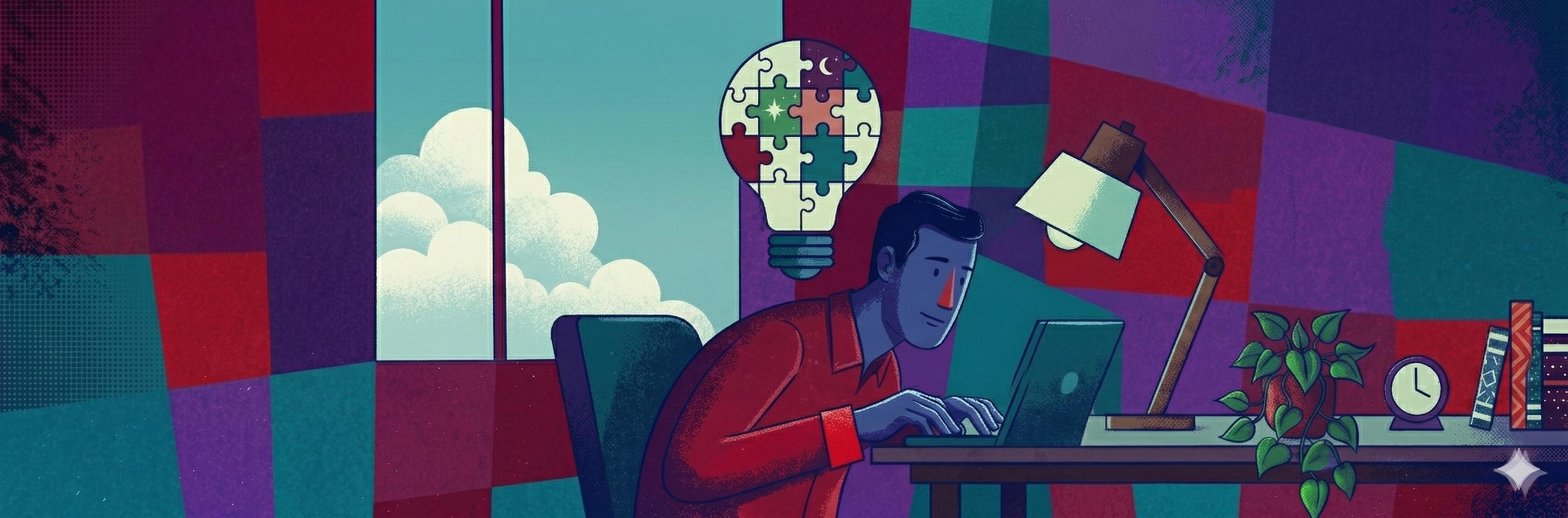 A man working on his laptop with a light bulb made up of puzzle pieces above his head to represent his problem-solving abilities, which are enhanced due to enough REM sleep.