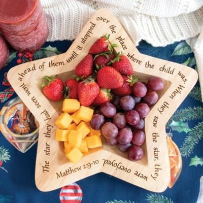 Star of Bethlehem serving bowl, star shaped wooden bowl with Matthew 2:9-10 inscribed around the border