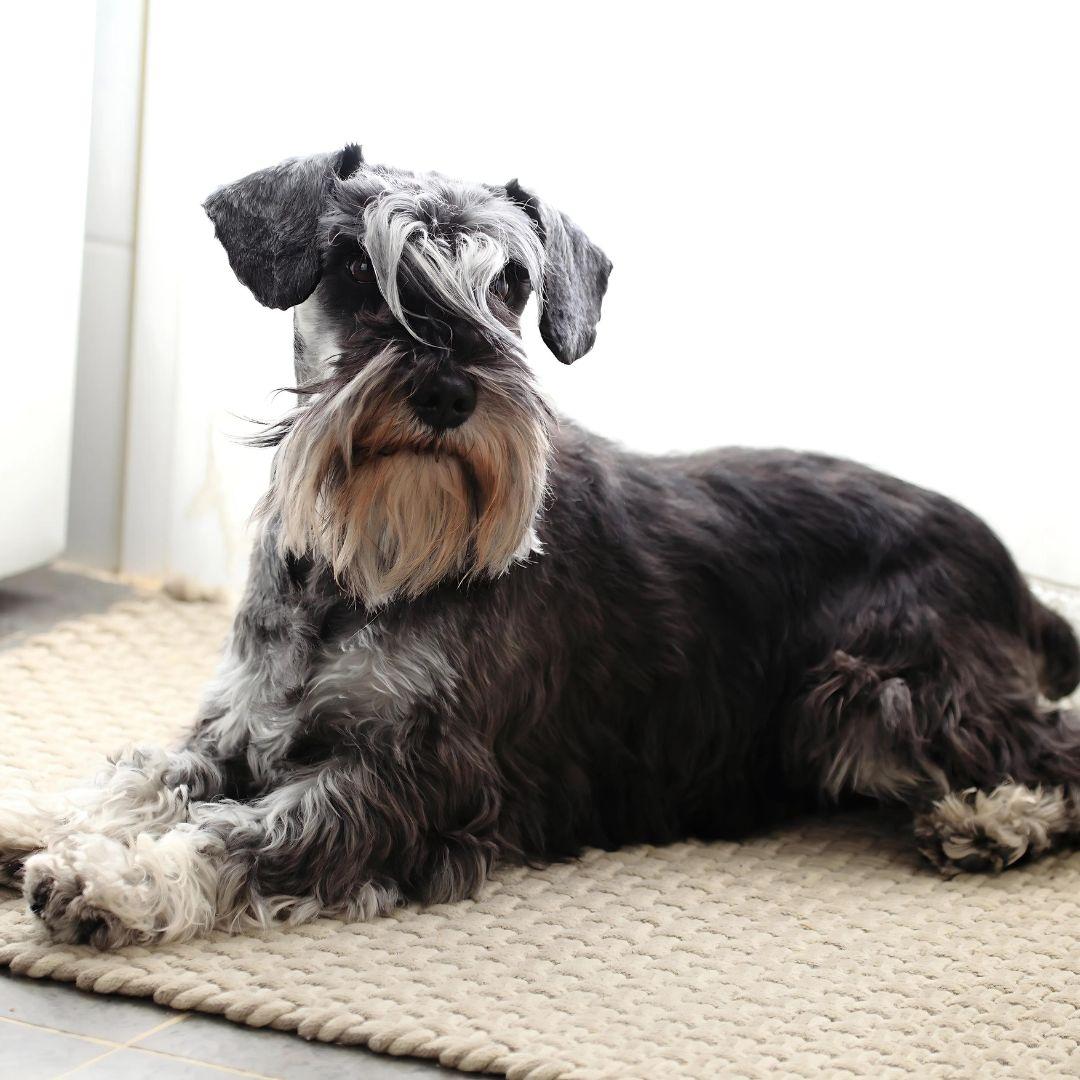 Miniature Schnauzers lying on rug