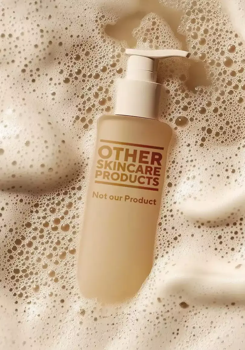 The image shows a close-up of a white bottle with a label that says "OTHER SKINCARE PRODUCTS Not our Product".