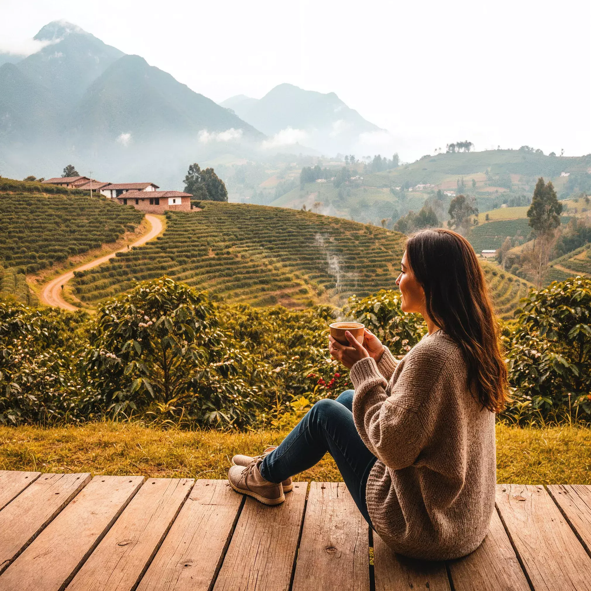 Woman enjoying a cup of coffee while overlooking a scenic single origin coffee farm landscape.