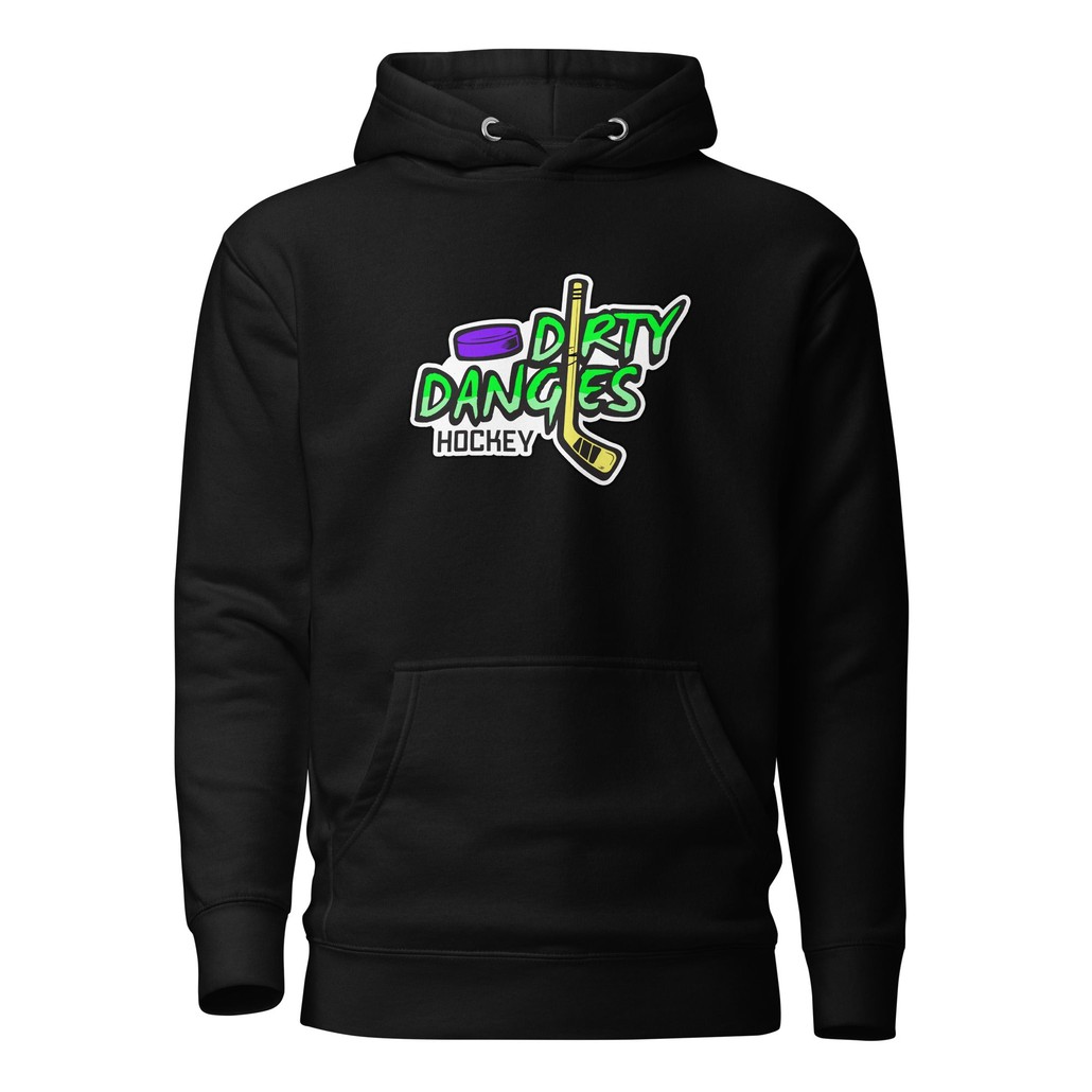 a unisex black fleece hockey hoodie. dirty dangles hockey logo.