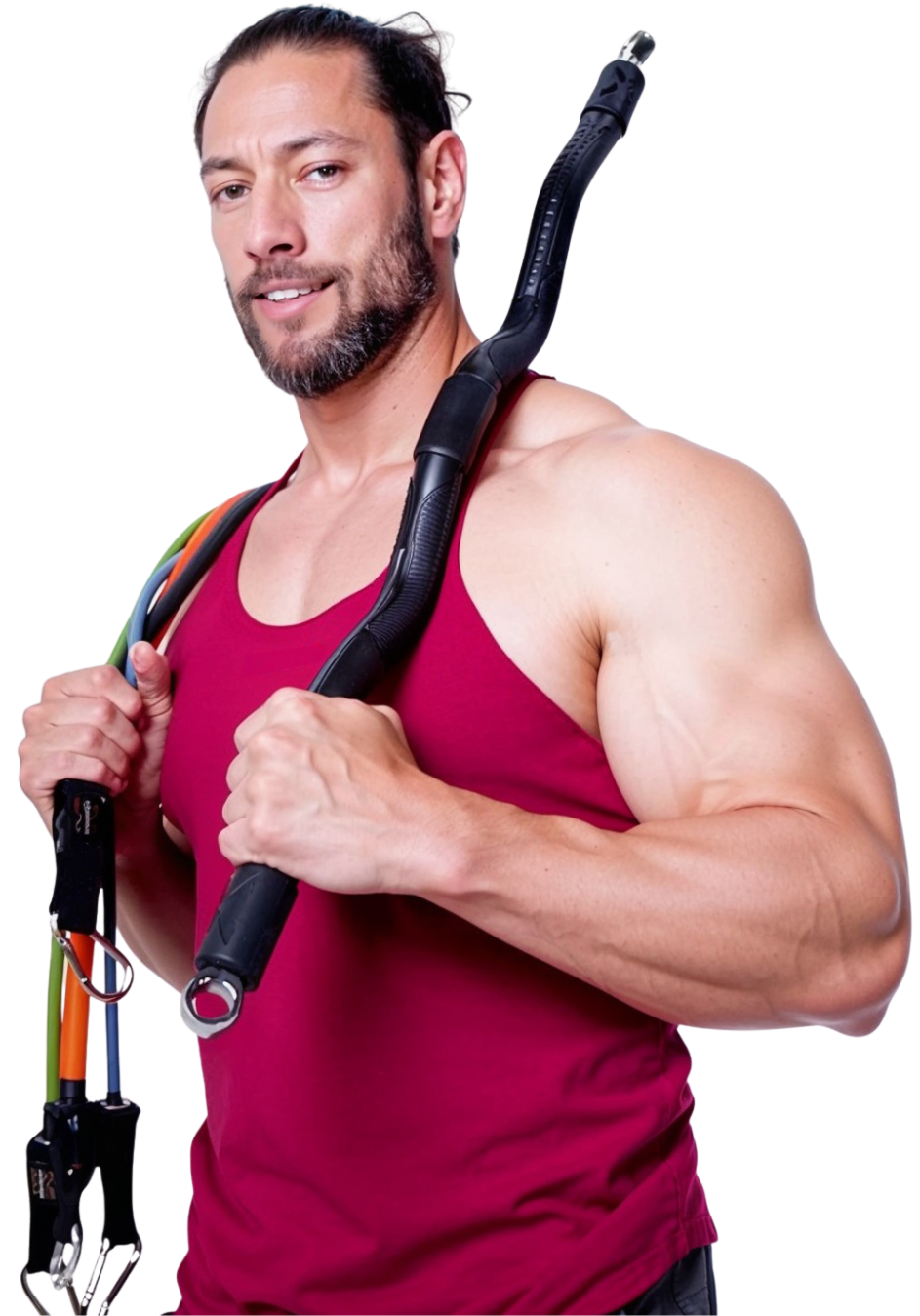 Man holding xbar and resistance bands on his shoulders