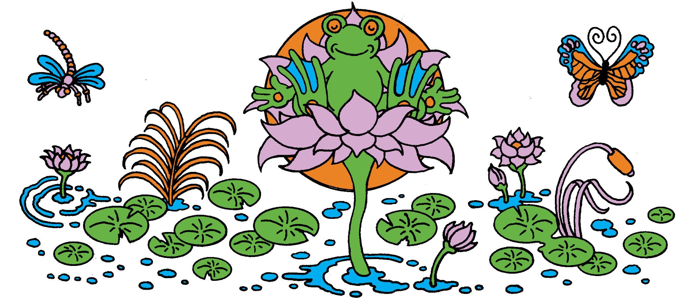 Brian Blomerth's illustration of a frog in a lotus flower surrounded by lillypads, a butterfly, and a dragonfly