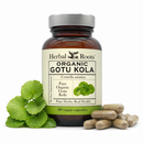 Bottle of Herbal Roots Organic Gotu Kola with leaf and capsules next to bottle