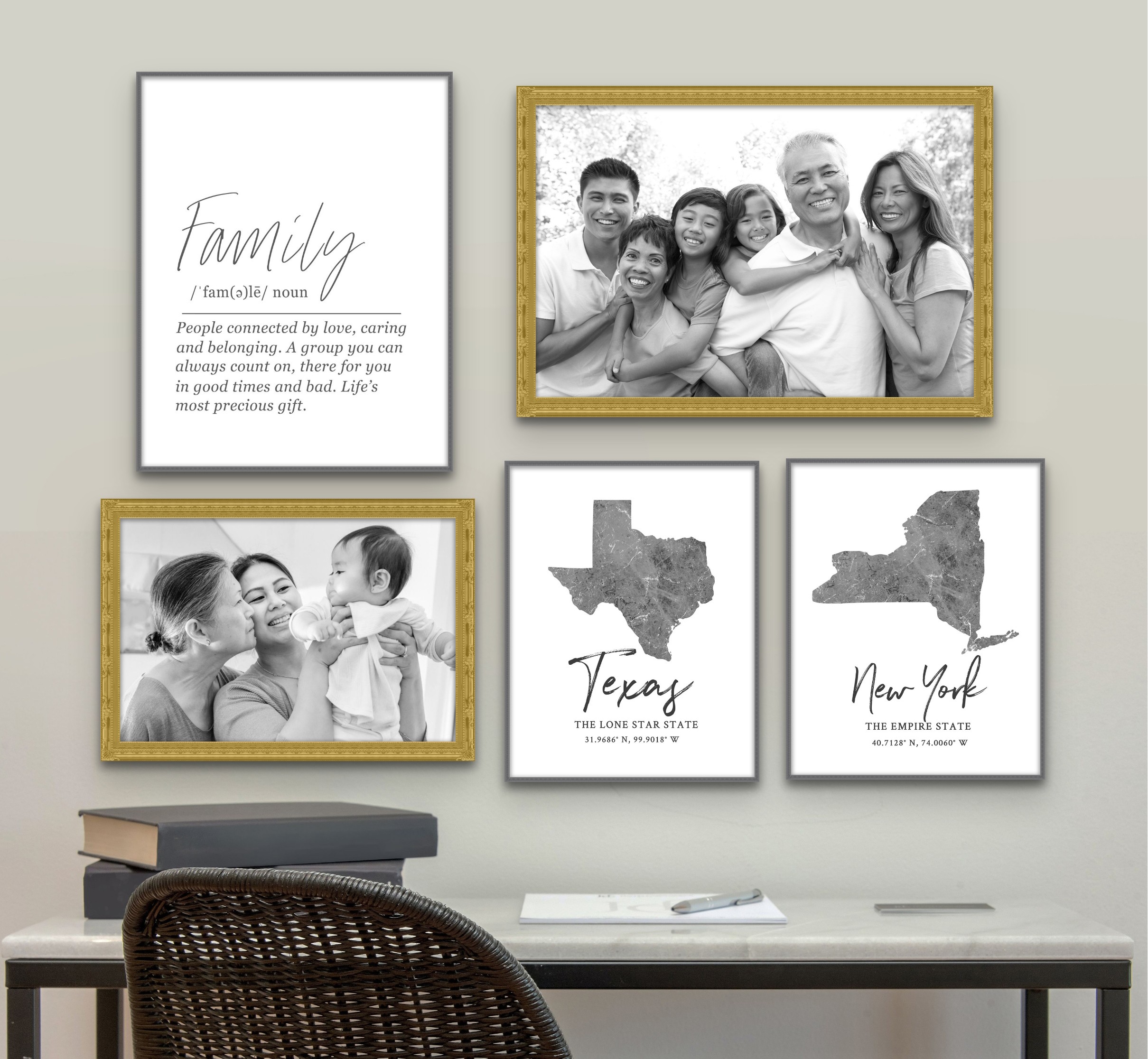Gallery wall of family photos and Westbrook Print Shop's State Map Silhouette prints