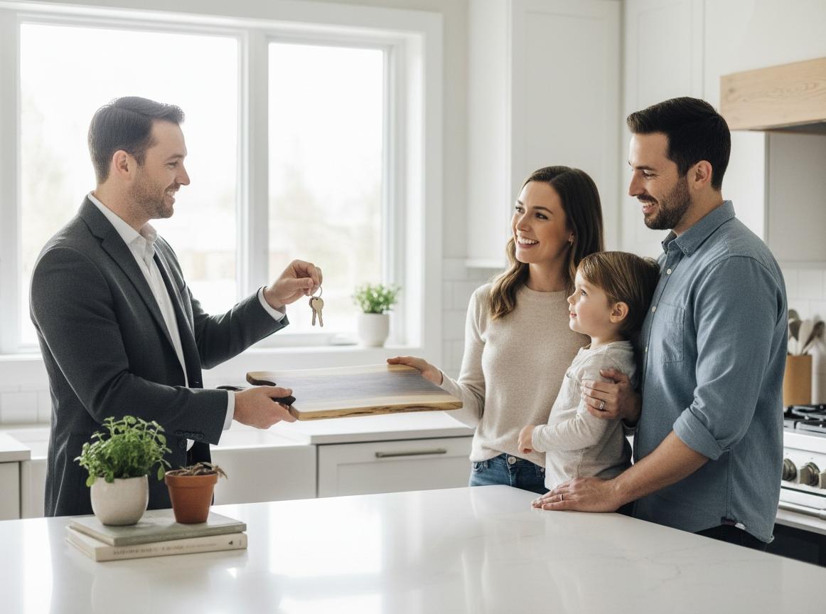 Realtor giving a personalized live edge walnut charcuterie board as a closing gift