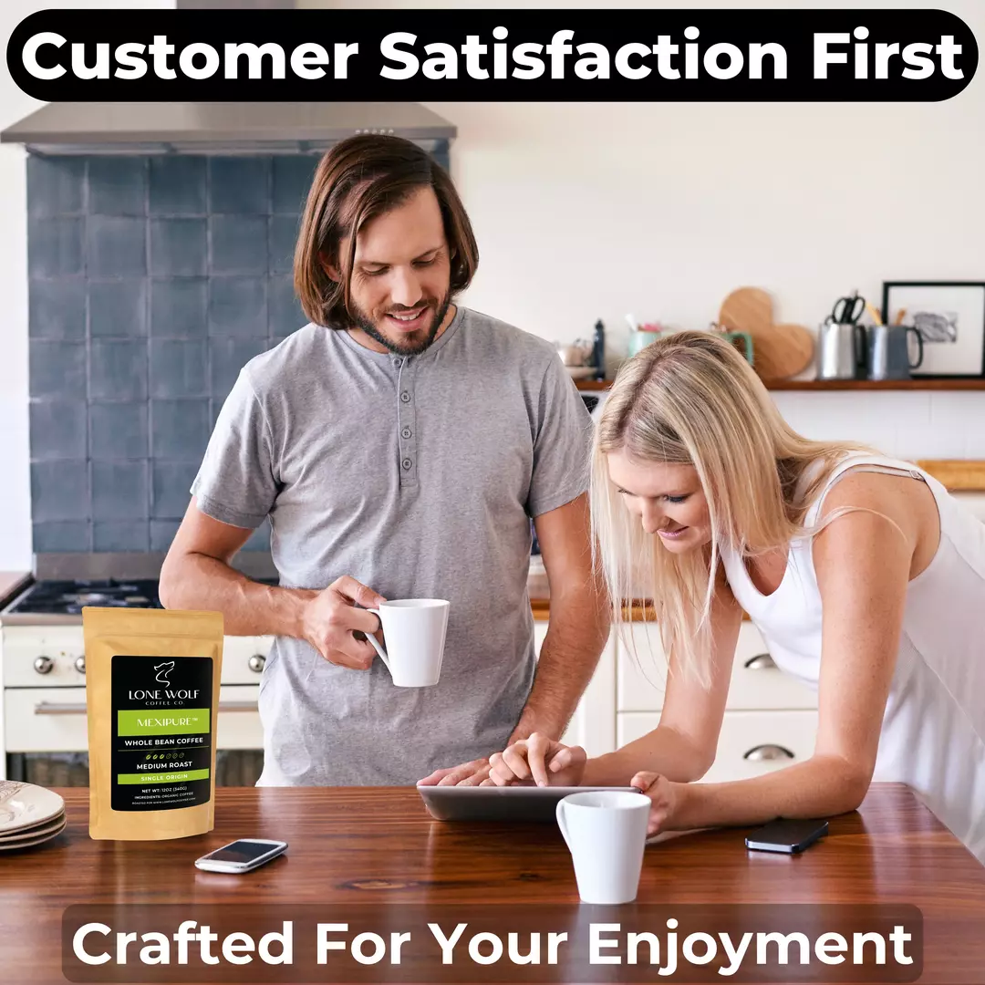 Couple enjoying coffee together in their kitchen with a bag of Lone Wolf Coffee’s Mexipure Whole Bean, a clean medium roast.