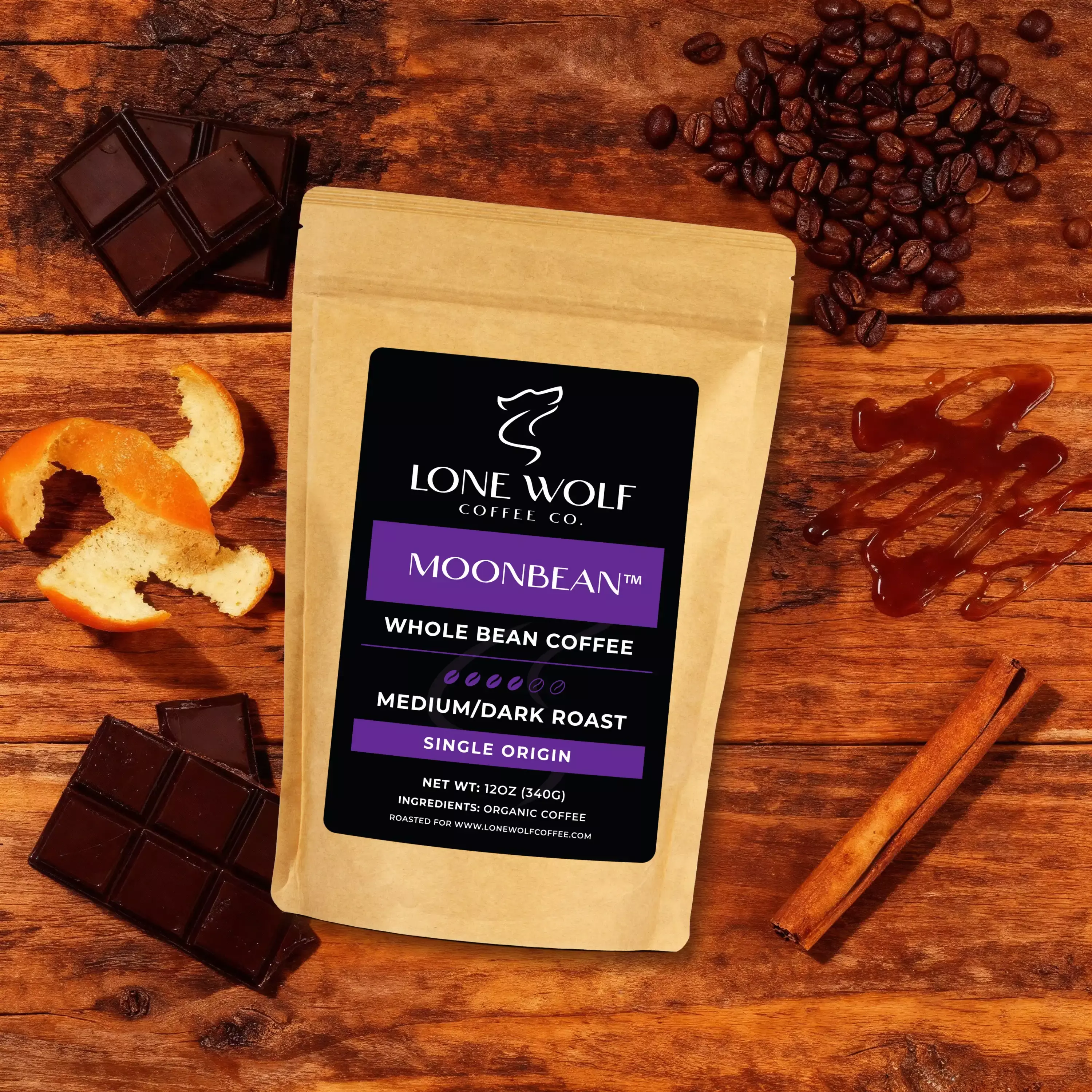 Moonbean whole bean flavor profile image showing Lone Wolf Coffee with baker’s chocolate richness, soft spice, molasses sweetness, and orange peel.