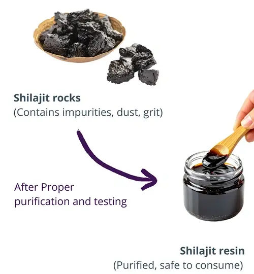 Shilajit rocks being purified and tested to produce purified shilajit resin.