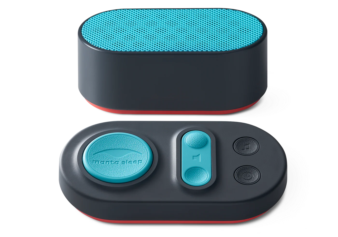 A blue and black speaker and control pad of a white noise machine.