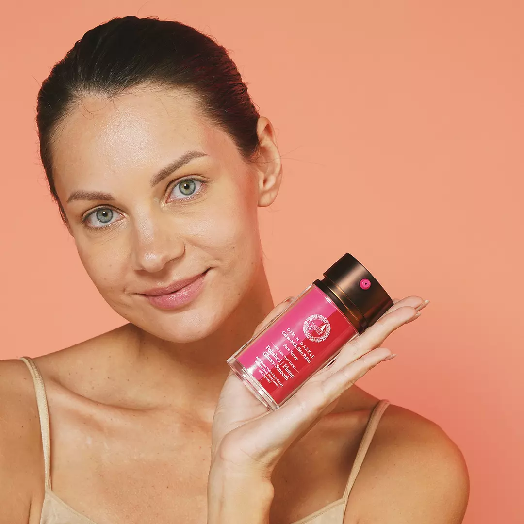 Model posing with Dim n Dazzle gel to milk skin polish