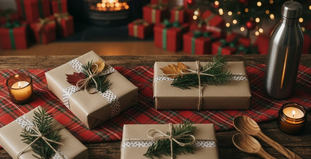 Gifts wrapped in brown paper with pine and twine and paper stars