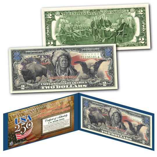 USA 250th Anniversary $2 Bill — Black Eagle, Indian Chief & American Bison