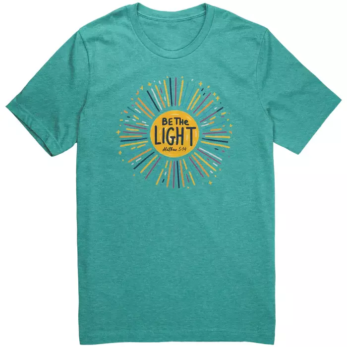 teal tee with yellow sun in the center, center of the sun has black text that says "Be the Light"