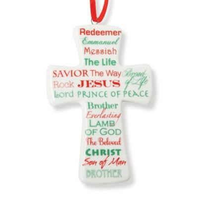 Cross with different titles of Christ in red and green