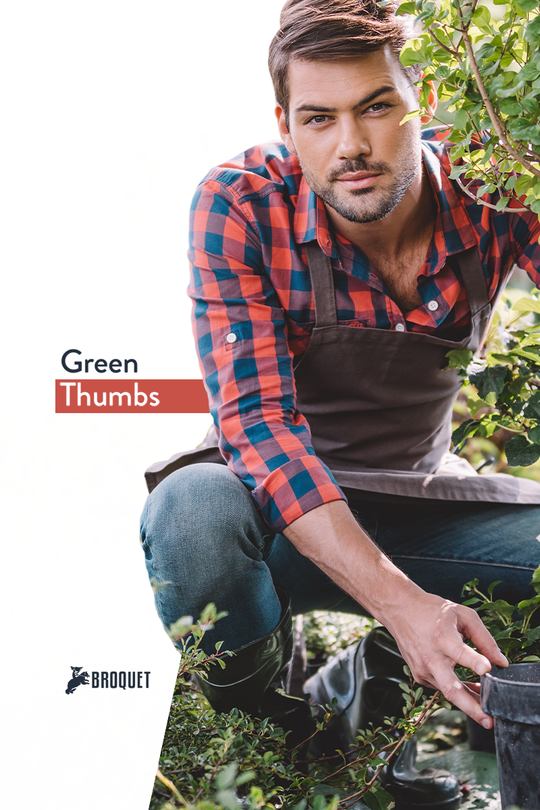 guy crouching in the grass, broquet logo, text reads: Green Thumbs