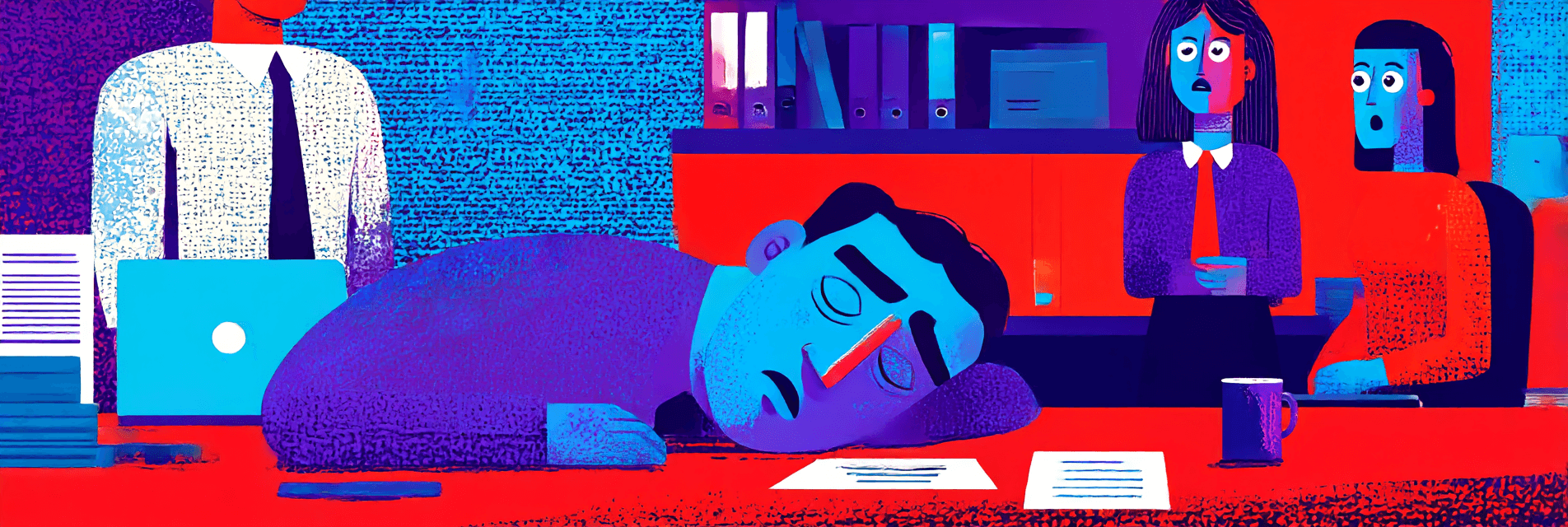 A man with narcolepsy suddenly falls asleep on his office desk, with his shocked workmates looking at him.