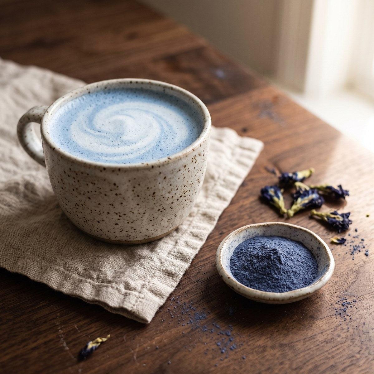 Blue butterfly flower latte with latte art on a cozy table