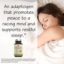 The right side of the image shows a woman peacefully sleeping on her side. The text on the left side of the image says As adaptogen that promotes peace to a racing mind and supports restful sleep.
