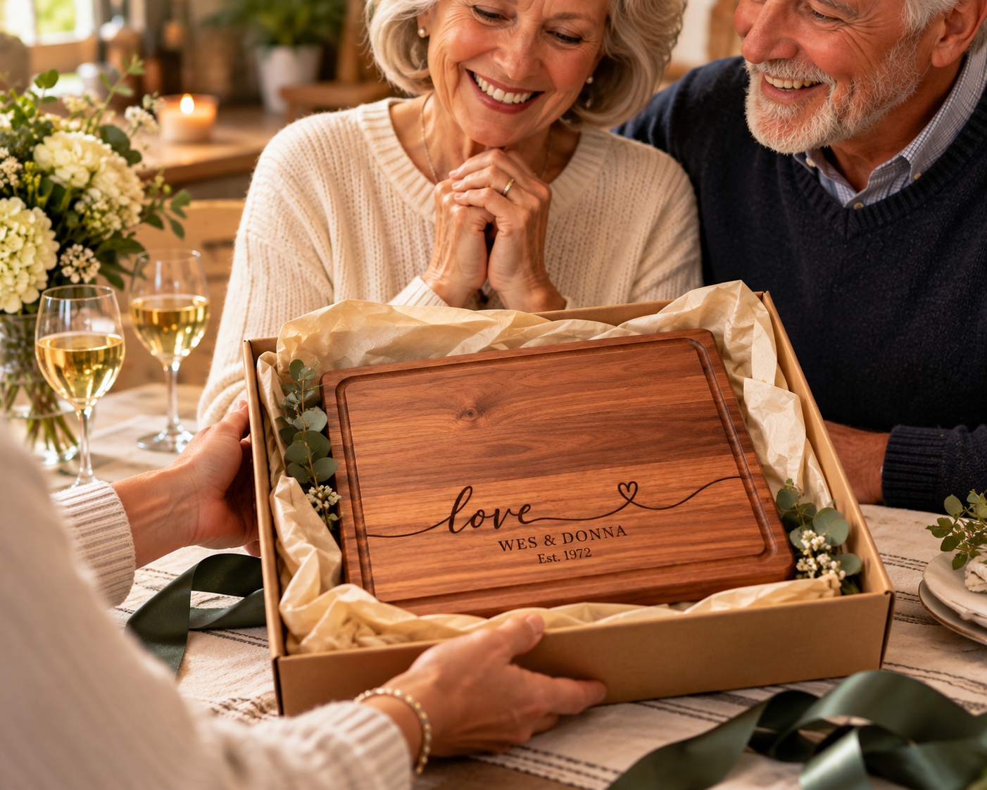 Personalized maple cutting board engraved Ally & Dom, presented as a meaningful anniversary gift from wife to husband. The large 18 x 12 inch handcrafted wood board features warm natural maple grain, a routed juice groove and custom script engraving. A thoughtful personalized wedding anniversary, 5th anniversary, couple or housewarming gift designed for everyday use and lasting memories.
