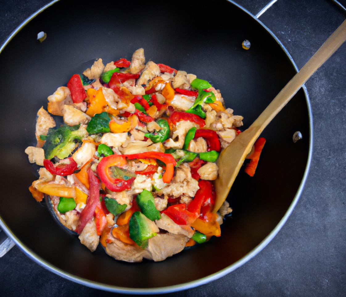 image of chicken and vegetable stir-fry in a wok or frying pan with a variety of colorful vegetables