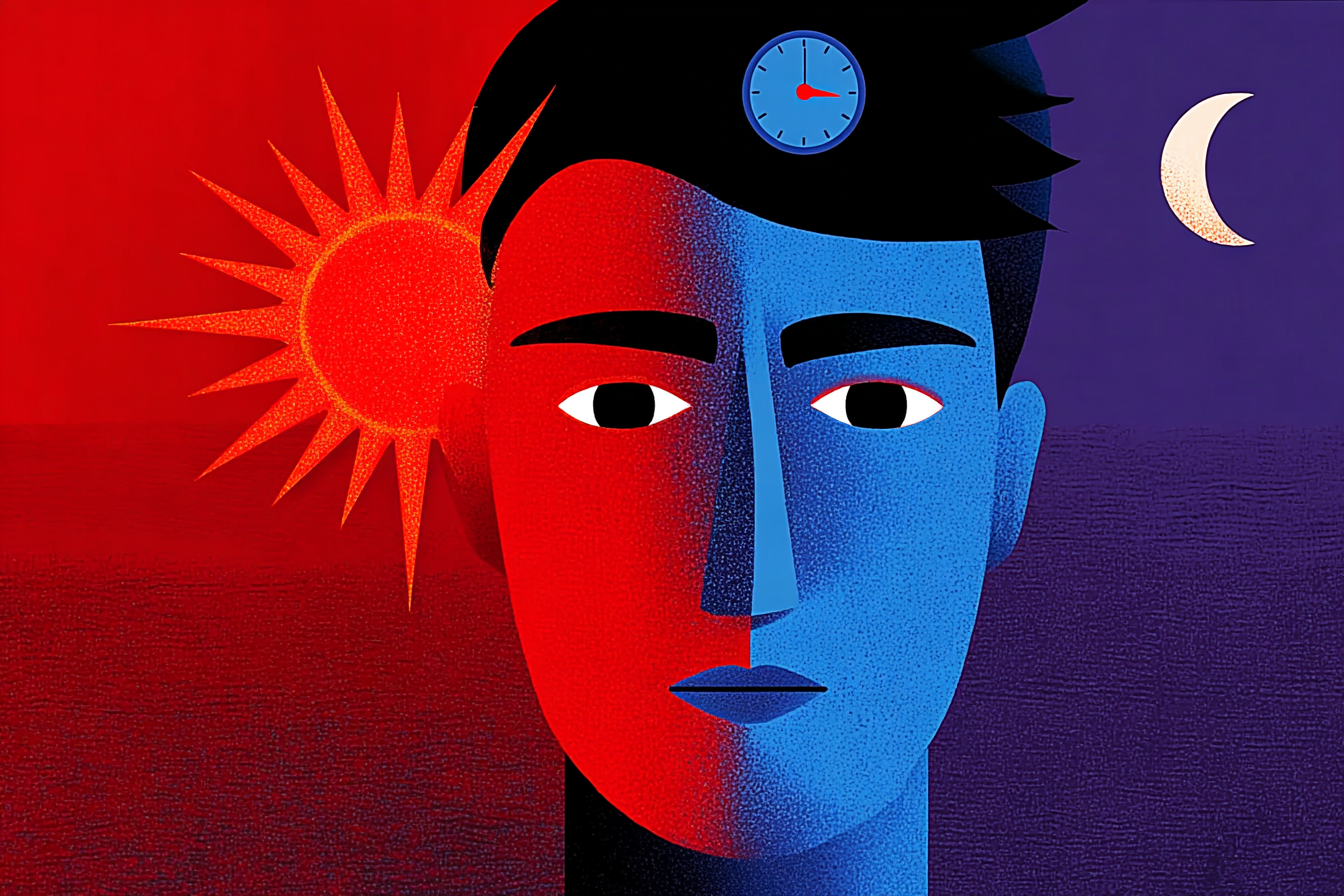 A man’s face with a sun, moon and clock to represent the circadian rhythm.