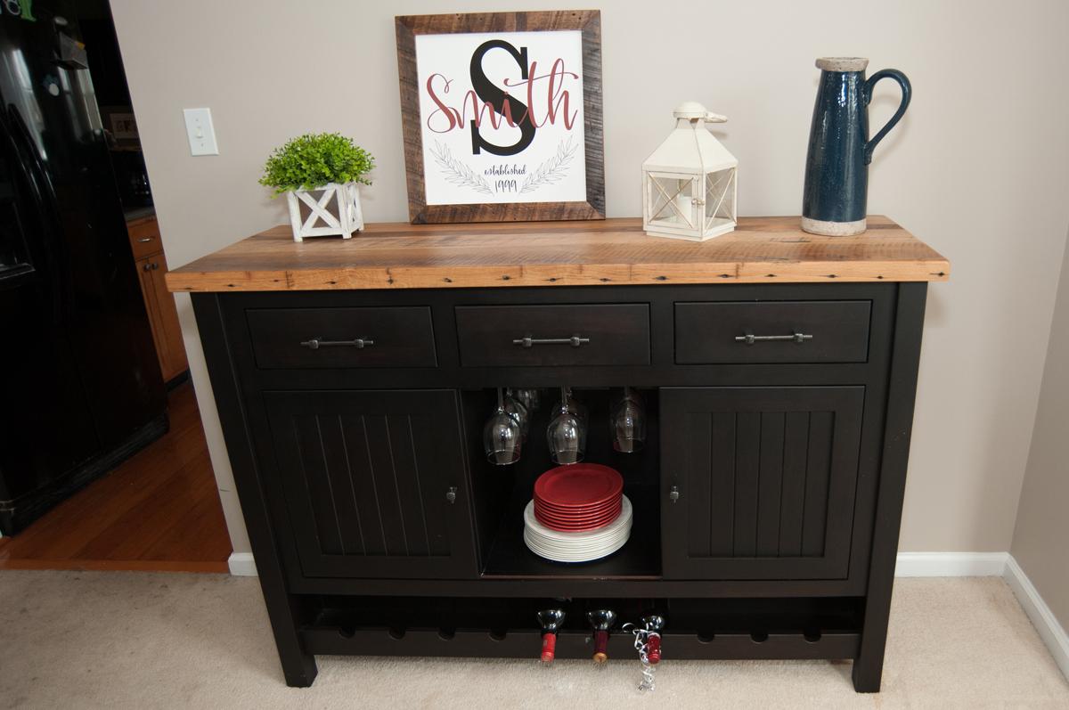 black maple wine cabinet with barnwood top