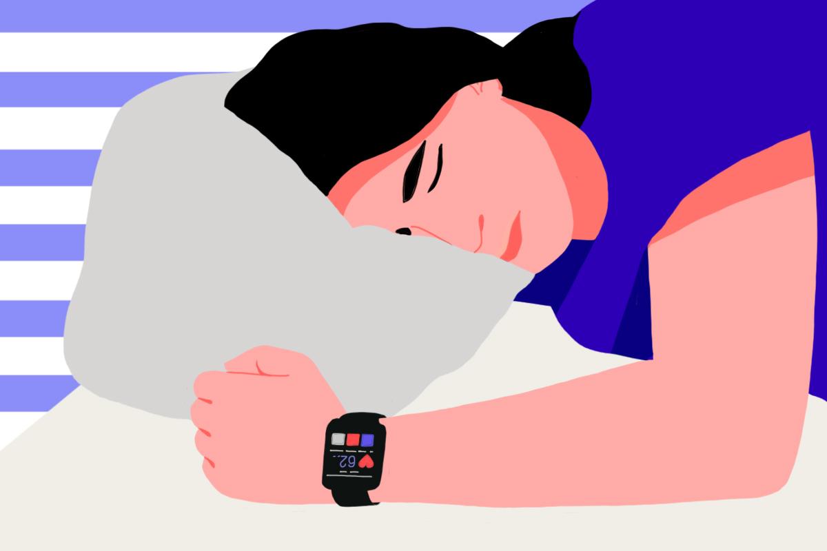 A sleeping woman wearing a wearable sleep tracker, using artificial intelligence in sleep medicine.