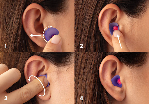 A numbered diagram of ears, displaying how to use the best earplugs for sleeping.