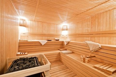 Woman sitting in a Grayson 4 Person Indoor Sauna