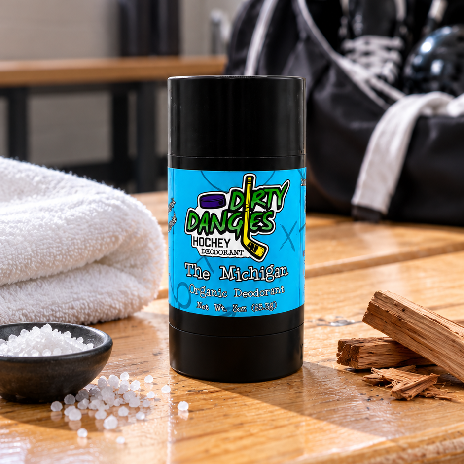 aluminum-free deodorant The Michigan scent on a bench in a hockey locker room with sea salt and sandalwood.