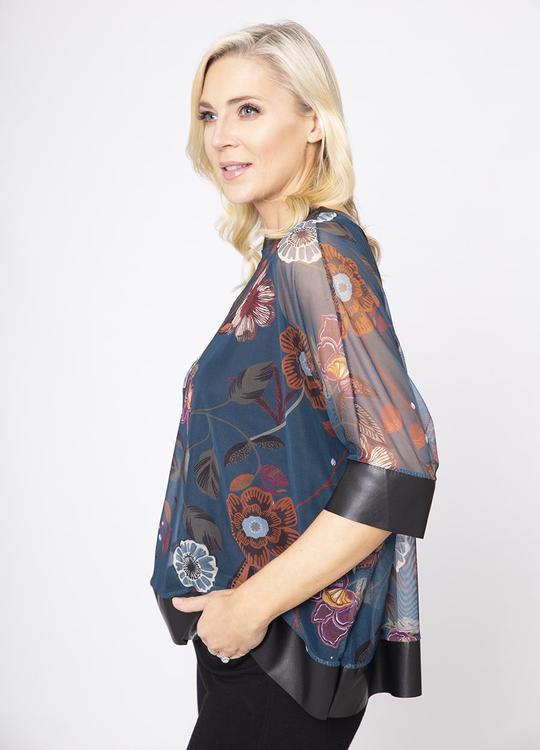 2 Piece Floral Print Leather Trim in Teal