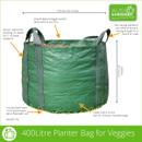 Large green 400-litre planter bag for vegetables with reinforced handles, shown with labelled dimensions (920 mm wide, 600 mm high) and feature callouts highlighting UV-stable woven material, circular sewn base, and soil capacity.