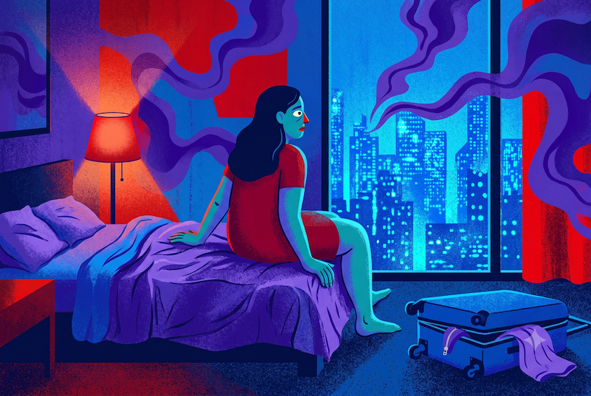 Traveler sits awake on a hotel bed at night facing a city skyline, showing how to recover from jet lag.
