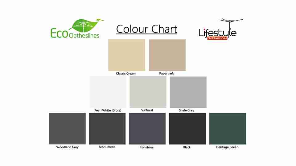 1.1m wide clothesline colour chart showing colorbond colours