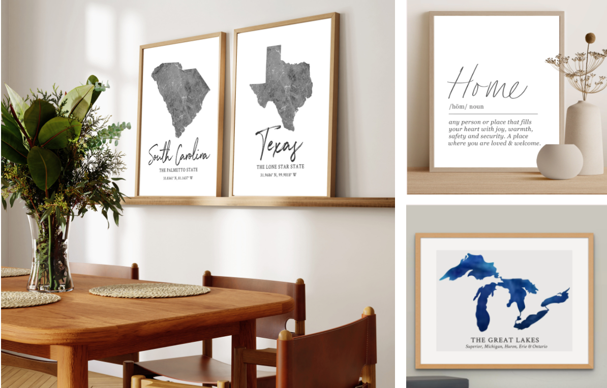 Gallery wall of family photos and Westbrook Print Shop's State Map Silhouette prints