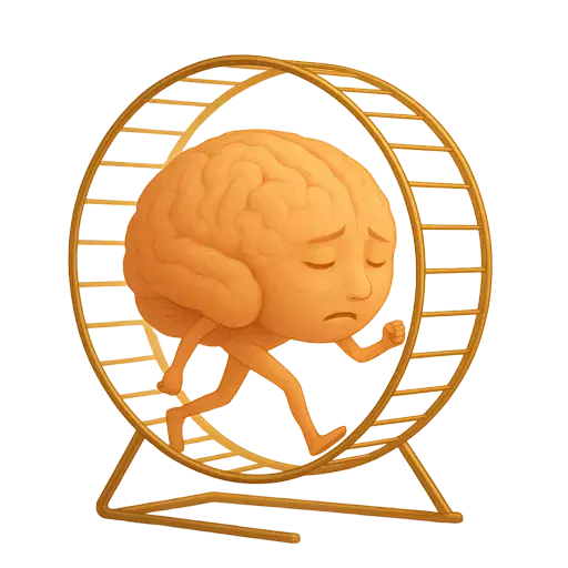 illustration of a brain running in a hamster wheel - exhausted.