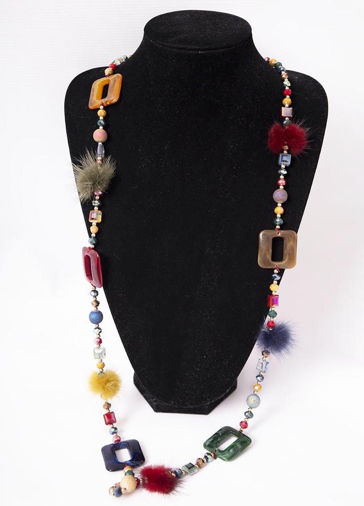 Long Mix Stone Necklace in Wine