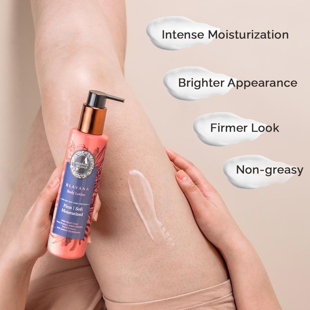 image of woman's leg and hand holding Blavana Body Lotion and lotion swatches pointing texts including: non-greasy, firmer look, brighter appearance, intense moisturisation