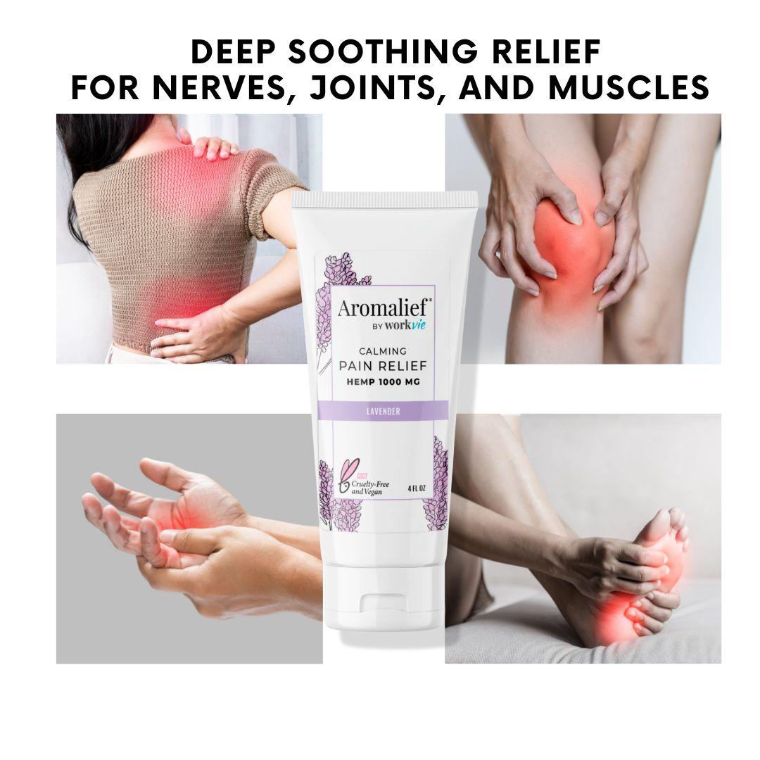 Aromalief Lavender Pain Relief Cream for Arthritis. Woman holding pain relief cream.